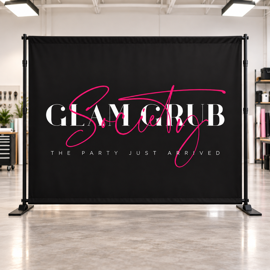 Glam Grub Society 8 by 10 custom backdrop in a professional studio