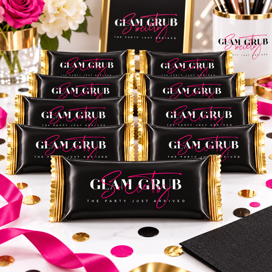 Solid black custom candy wrappers with Glam Grub Society logo