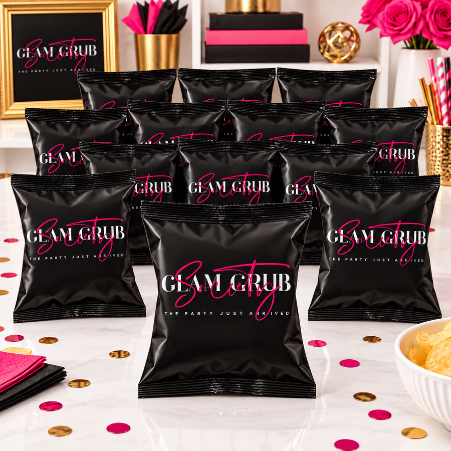 Solid black custom chip favor bags with Glam Grub Society logo in studio
