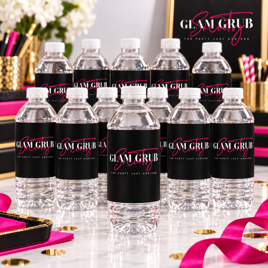Water bottles with solid black Glam Grub Society labels