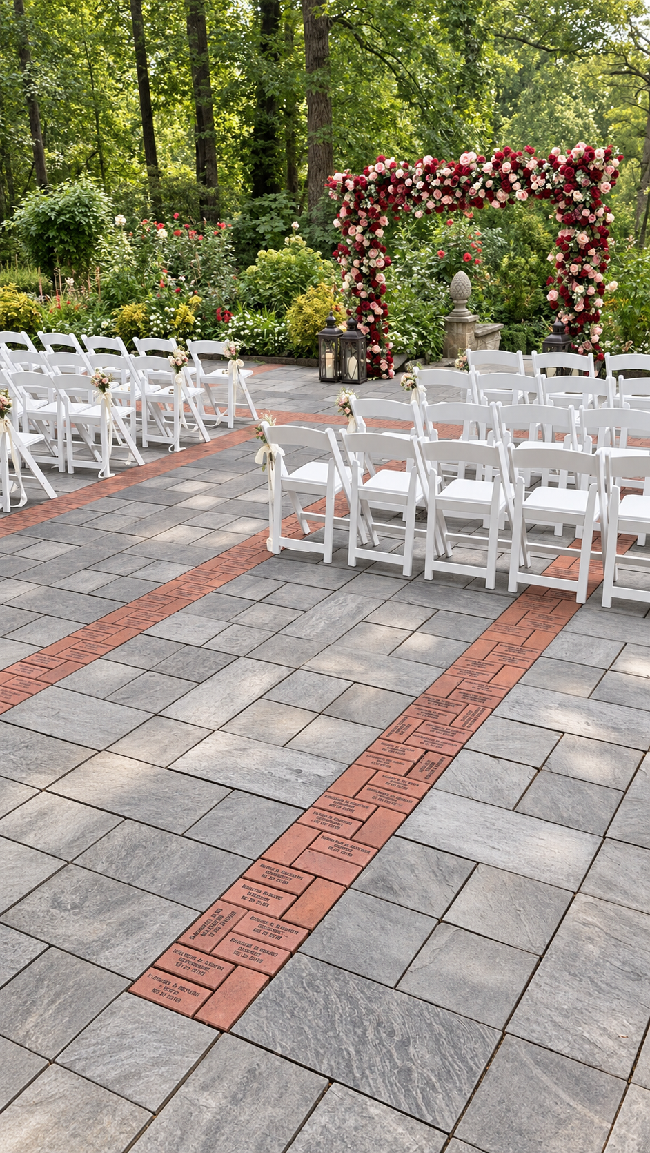 Garden wedding ceremony with white seating and a floral arch designed by Glam Grub Society