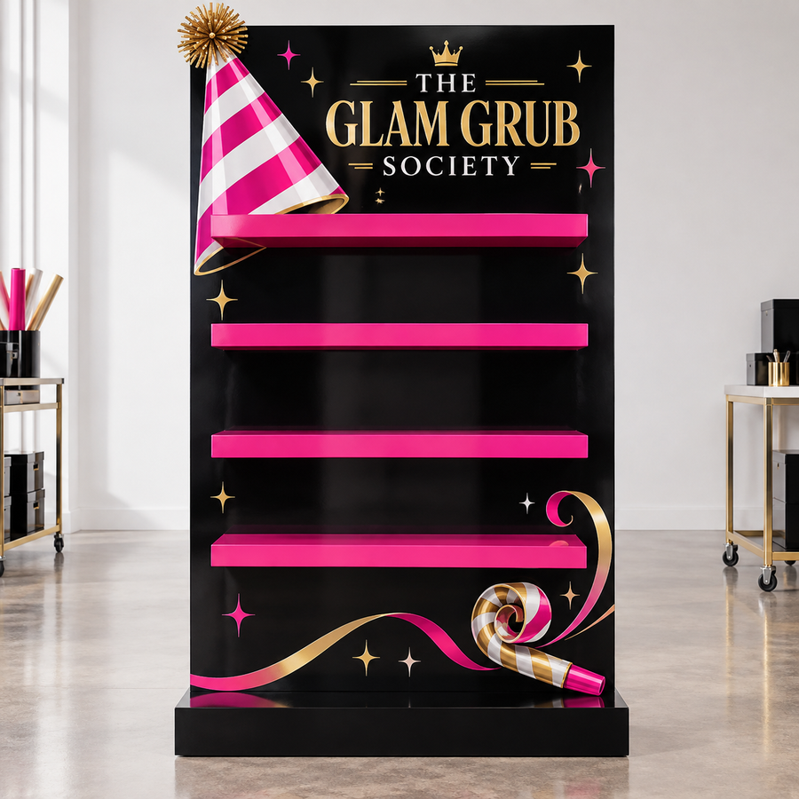 Glam Grub Society custom 6.5 foot foam board treat wall with four shelves, party hat and party blower