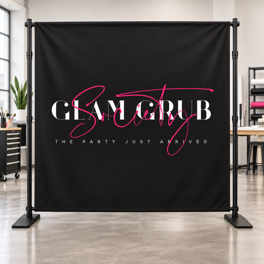 Glam Grub Society 8 by 8 custom backdrop in a professional studio