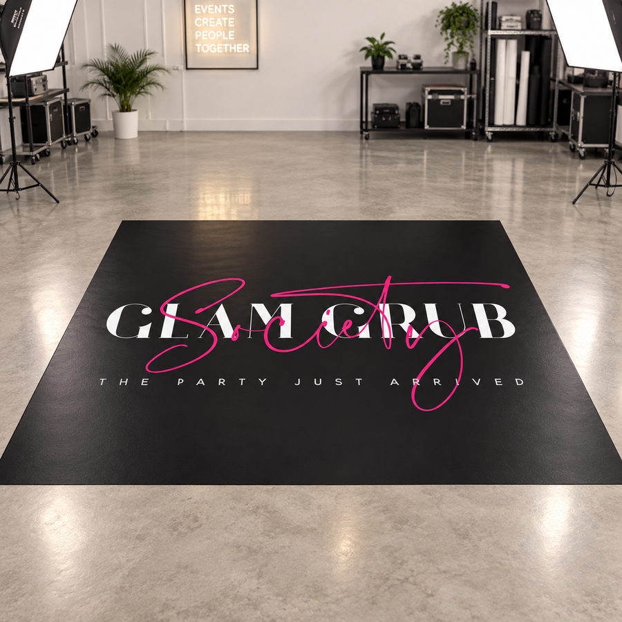 Glam Grub Society 8 by 8 custom floor wrap in a professional studio