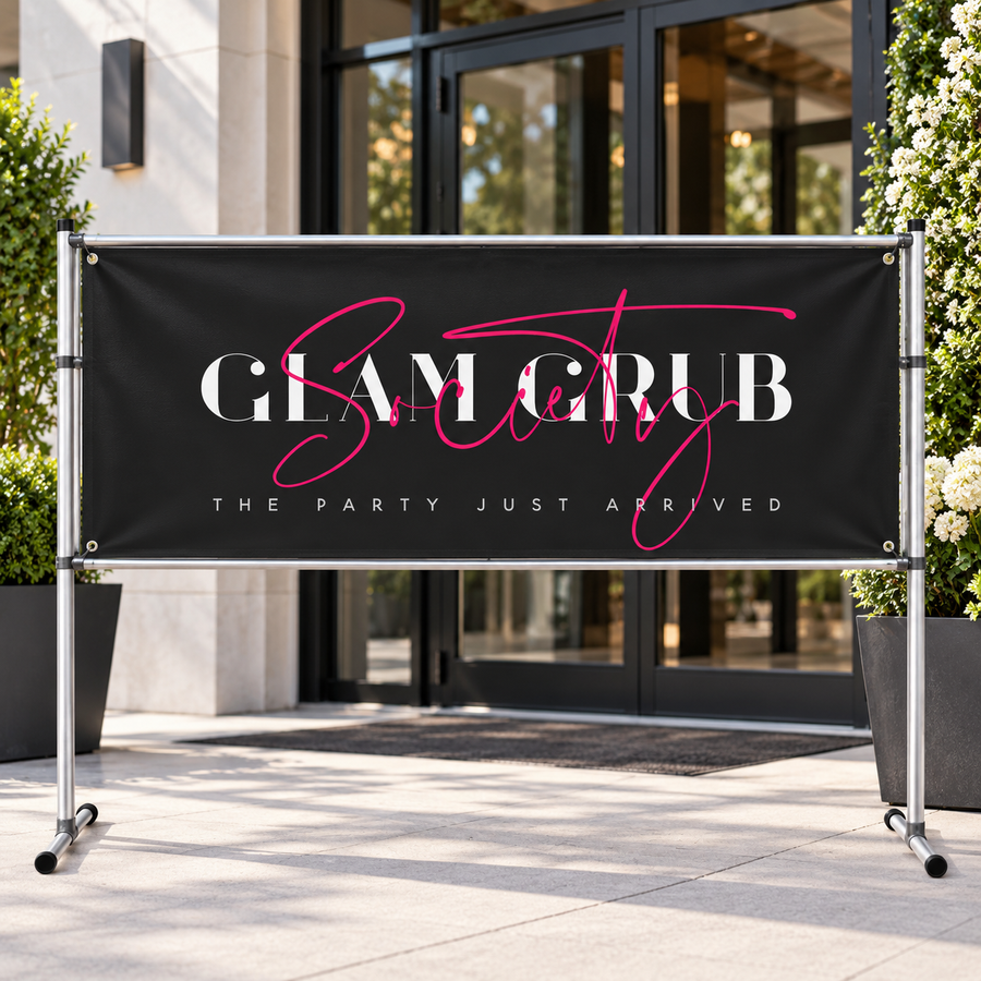 Glam Grub Society custom horizontal banner displayed outdoors