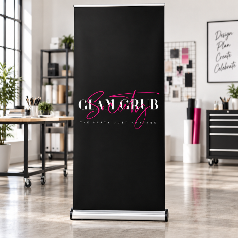 Glam Grub Society 3 by 7 retractable banner in a professional studio