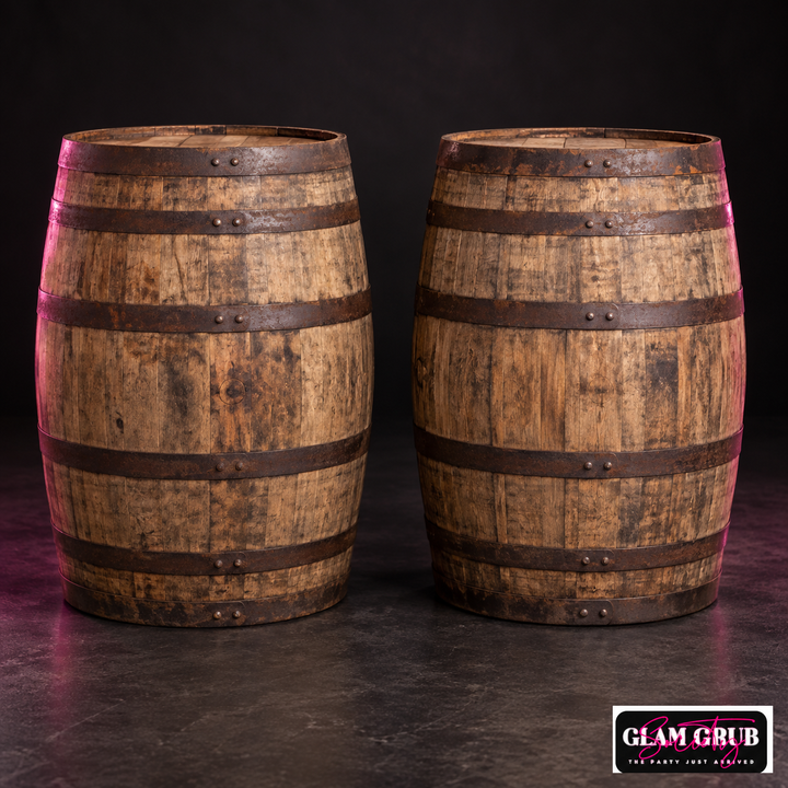 The Heritage Whisky Barrel Duo of two authentic rustic oak barrels by Glam Grub Society