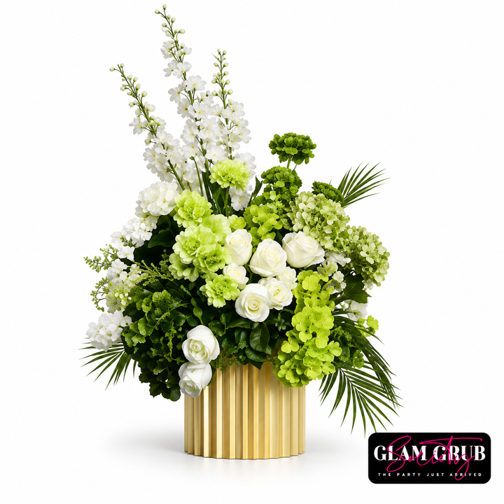 Pearl Garden Luxe white and green floor floral rental by Glam Grub Society