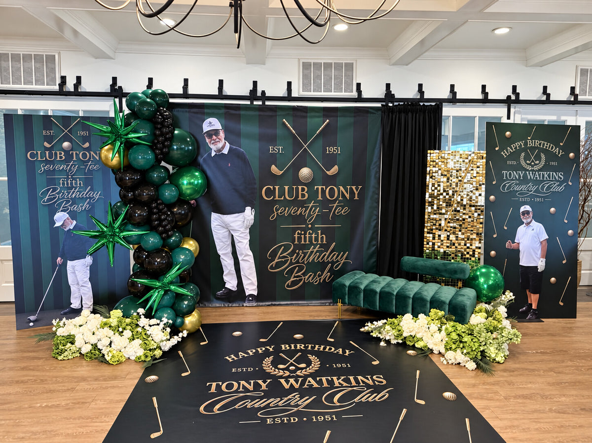 Club Tony black, green, and gold milestone celebration designed by Glam Grub Society