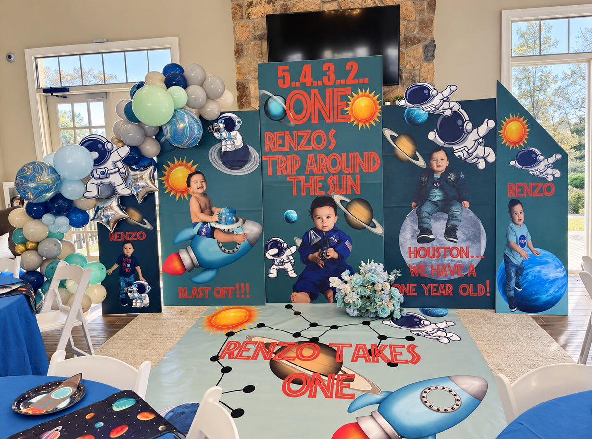 Renzo's blue space-themed celebration designed by Glam Grub Society
