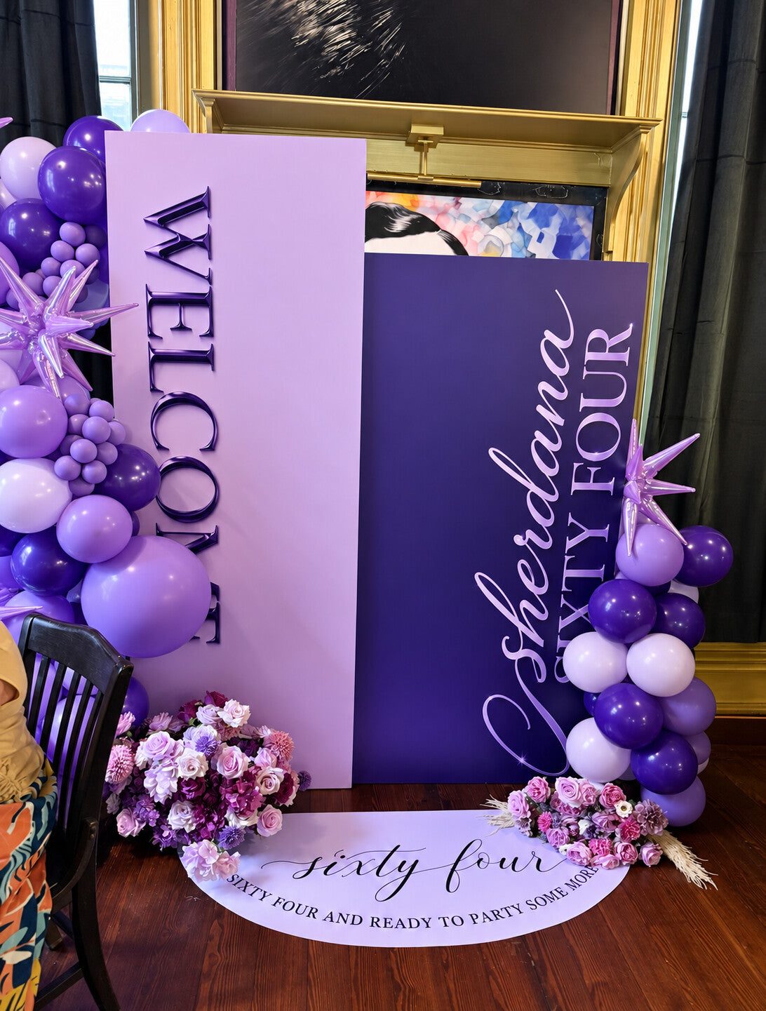 Sherdana's purple birthday welcome display designed by Glam Grub Society