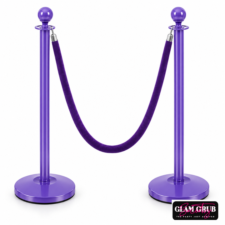 The Violet Velvet VIP purple stanchion pair and rope by Glam Grub Society